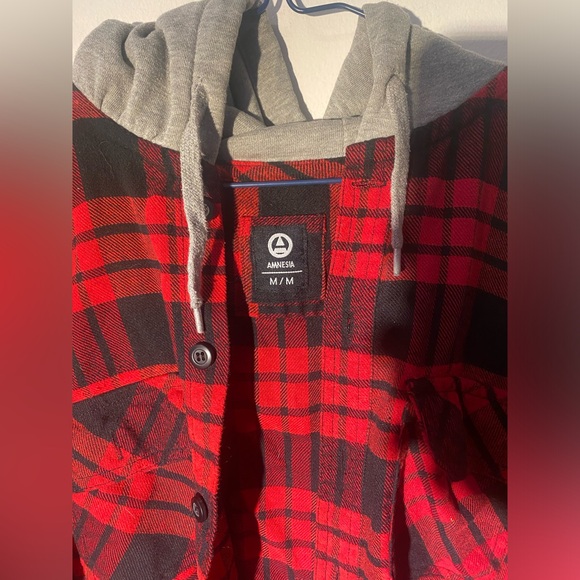 AMNESIA plaid red button up shirt with grey hood - Picture 2 of 3